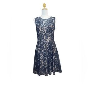 Betsy & Adam Navy Lace Fit & Flare Dress Size 12 Sleeveless V Back